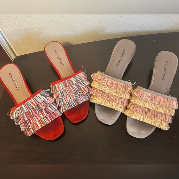 2 Pairs Donald J. Pliner Women's Fringe Slide Sandals - Red and Tan