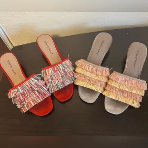 2 Pairs Donald J. Pliner Women's Fringe Slide Sandals - Red and Tan