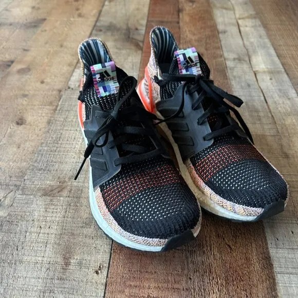 Adidas Ultraboost 19 Mens Running Shoes Size 10 Black &amp; Orange Multicolor Knit