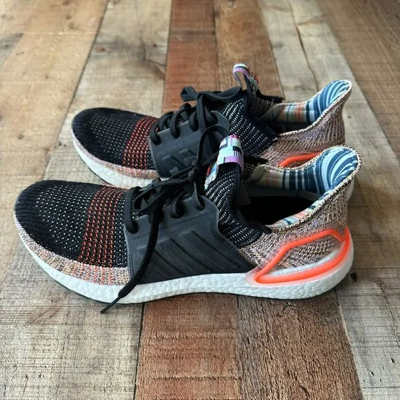 Adidas Ultraboost 19 Mens Running Shoes Size 10 Black &amp; Orange Multicolor Knit