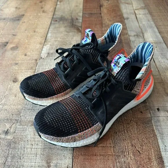 Adidas Ultraboost 19 Mens Running Shoes Size 10 Black &amp; Orange Multicolor Knit