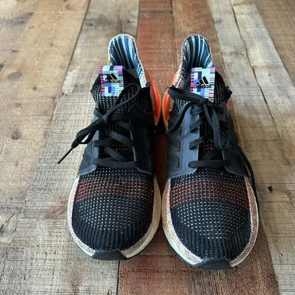 Adidas Ultraboost 19 Mens Running Shoes Size 10 Black &amp; Orange Multicolor Knit