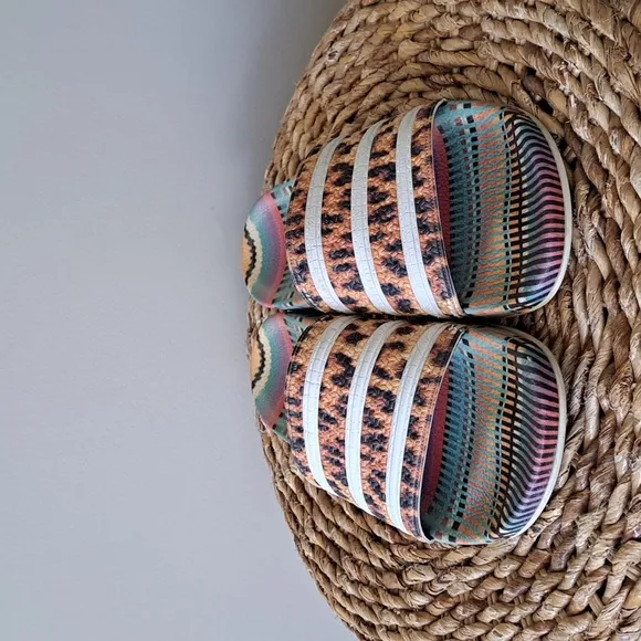 Adidas Unisex X The Farm Adilette Rubber Slides Leopard/Multi Tribal Colors S-9