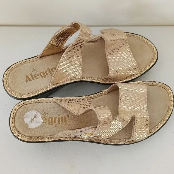 Alegria Loti Gold Dazzler Slide Wedge Sandals Open Toe Comfort Womens US 6.5 EU