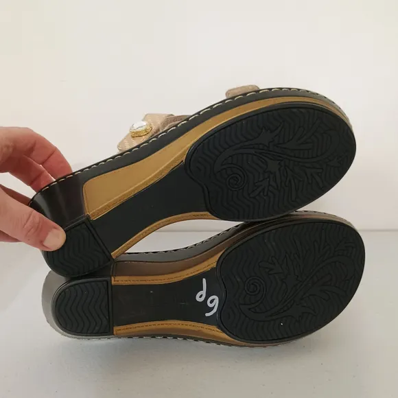 Alegria Loti Gold Dazzler Slide Wedge Sandals Open Toe Comfort Womens US 6.5 EU