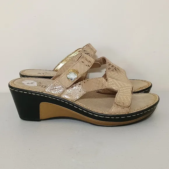Alegria Loti Gold Dazzler Slide Wedge Sandals Open Toe Comfort Womens US 6.5 EU
