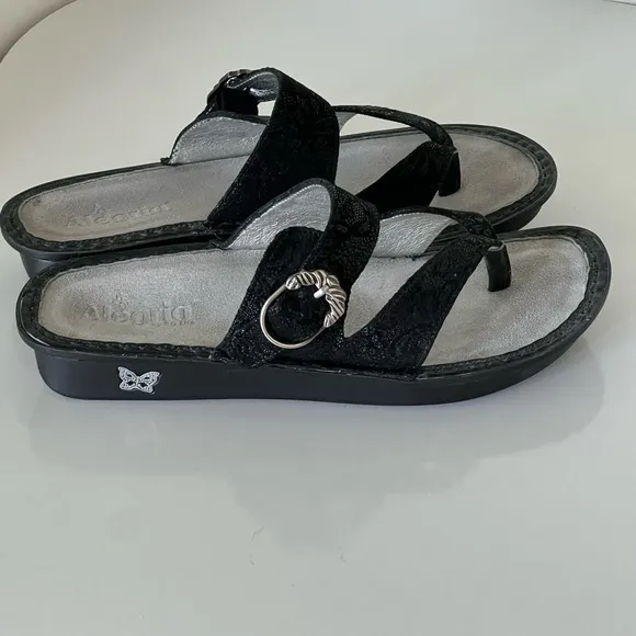 Alegria Valentina Black Leaf Buckle Floral Comfort Sandals Size 41