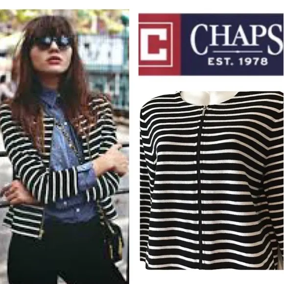 All Season Classic Chaps Black White Stripe Light / Medium Weight Sweater Large