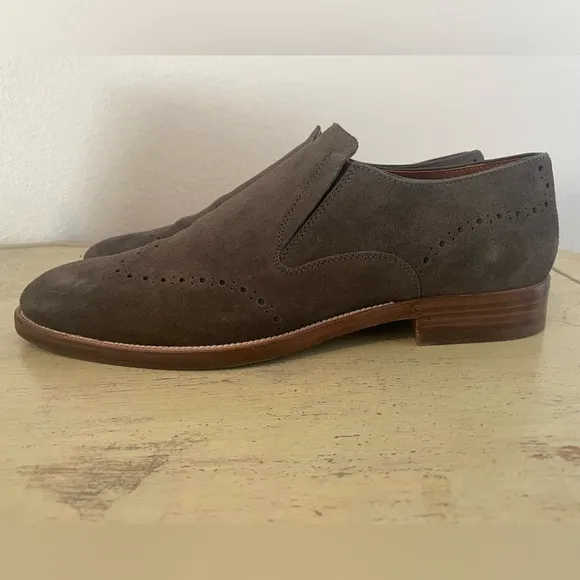 ALLEN EDMONDS Suede Brogue Lucca Slip On in Anthracite Size 8 1/2 D $395
