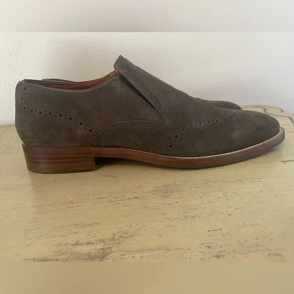 ALLEN EDMONDS Suede Brogue Lucca Slip On in Anthracite Size 8 1/2 D $395