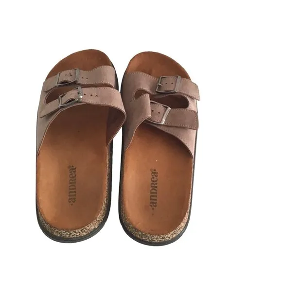 ANDREA - WOMENS TAN DOUBLE BUCKLE CLOSURE SLIP-ON SANDALS SIZE 9