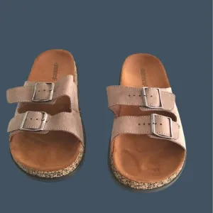 ANDREA - WOMENS TAN DOUBLE BUCKLE CLOSURE SLIP-ON SANDALS SIZE 9