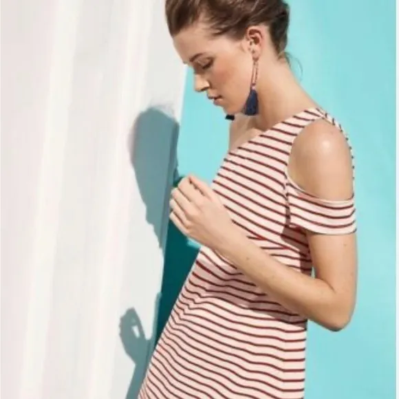 ANTHROPOLOGIE Maeve Marketa Asymmetrical One Shoulder Shift Dress Red Stripe