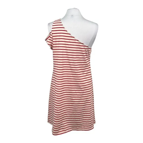 ANTHROPOLOGIE Maeve Marketa Asymmetrical One Shoulder Shift Dress Red Stripe