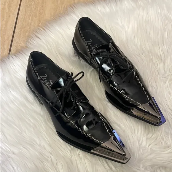 Antonio Zengara Black Pointy, Silver Cap Toe Shoes