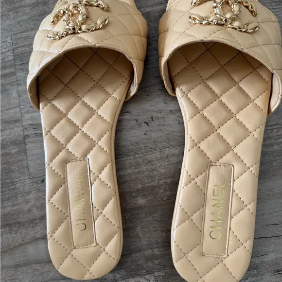 Beige Quilted Slide Sandals