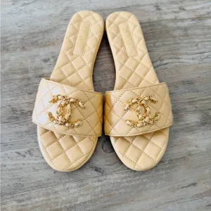 Beige Quilted Slide Sandals