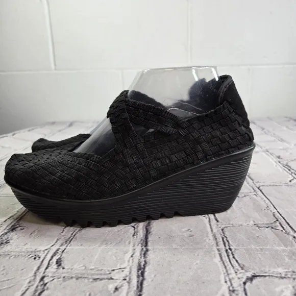 Bernie Mev Margo slip on black woven wedge comfort shoes