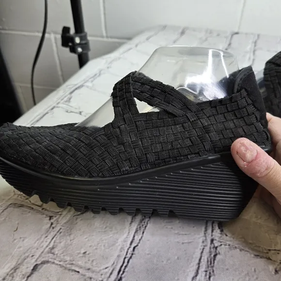 Bernie Mev Margo slip on black woven wedge comfort shoes
