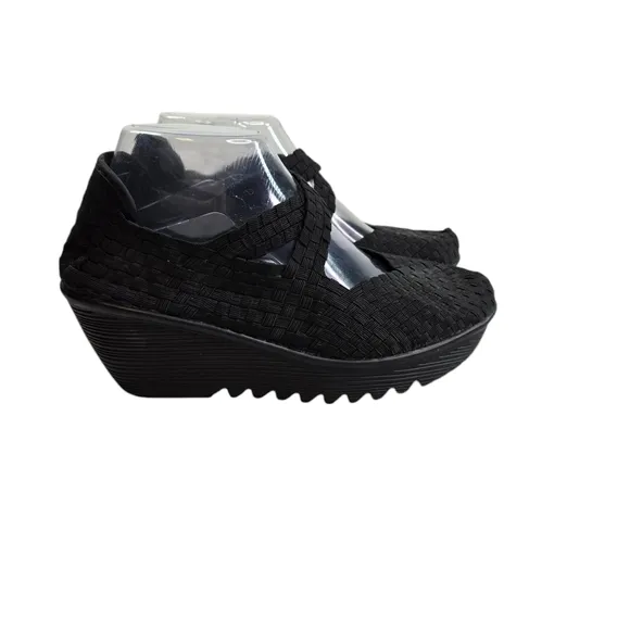 Bernie Mev Margo slip on black woven wedge comfort shoes