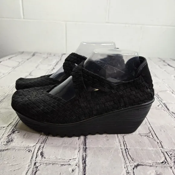 Bernie Mev Margo slip on black woven wedge comfort shoes
