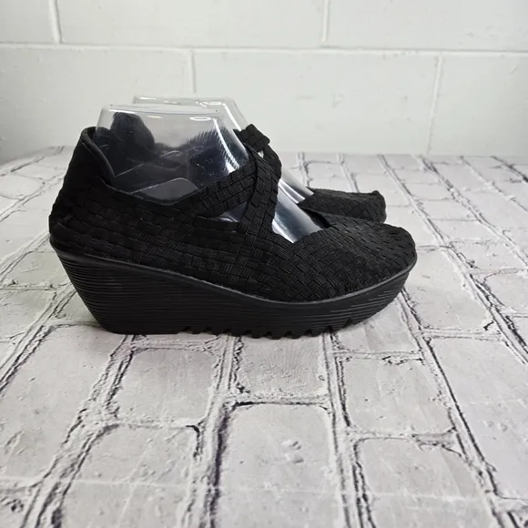Bernie Mev Margo slip on black woven wedge comfort shoes
