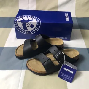 Birkenstock Arizona Black Narrow Sandals with Cork Footbed and Leather Straps