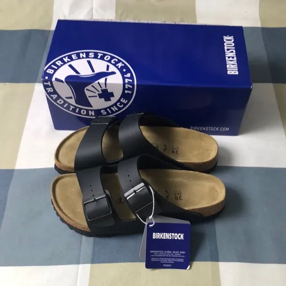 Birkenstock Arizona Black Narrow Sandals with Cork Footbed and Leather Straps