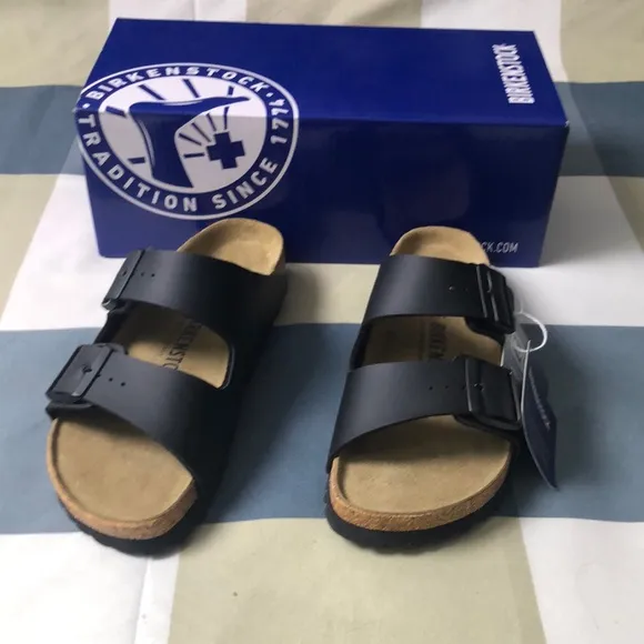 Birkenstock Arizona Black Narrow Sandals with Cork Footbed and Leather Straps