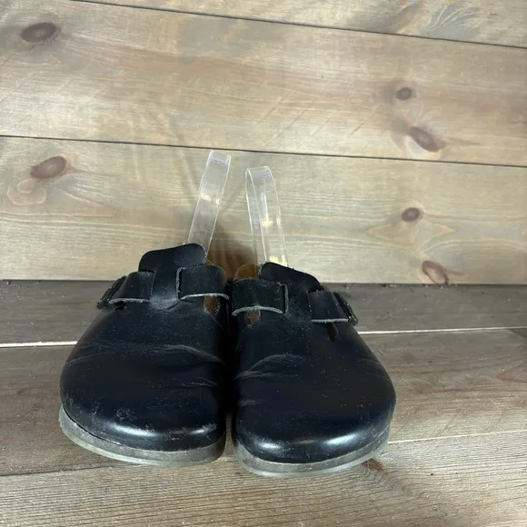 birkenstock boston womens size 7 shoes black leather slip on comfort clogs