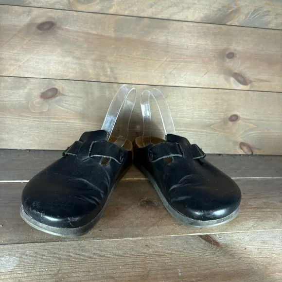 birkenstock boston womens size 7 shoes black leather slip on comfort clogs