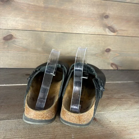 birkenstock boston womens size 7 shoes black leather slip on comfort clogs