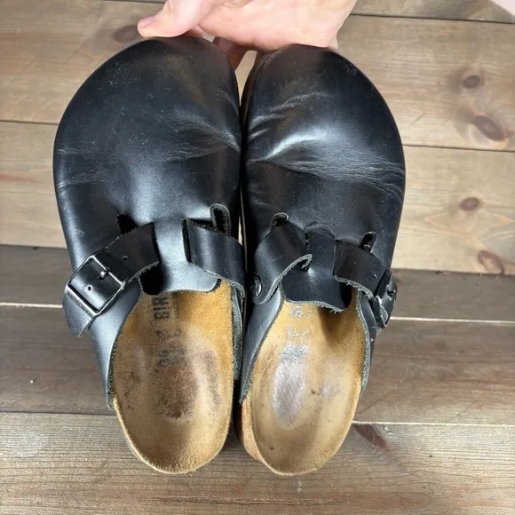 birkenstock boston womens size 7 shoes black leather slip on comfort clogs