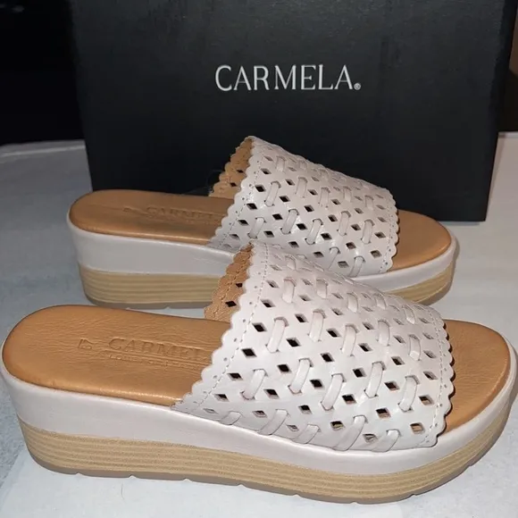 Carmela Raquel Ice Gray slide wedge heel sandals platform leather comfort Sz 6