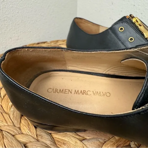 Carmen Marc Valvo Oxfords Black leather Zipper Laceless Shoes Academia womens