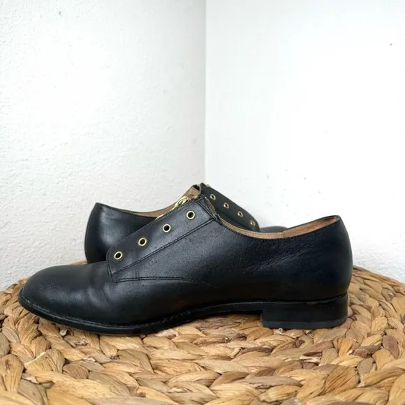 Carmen Marc Valvo Oxfords Black leather Zipper Laceless Shoes Academia womens