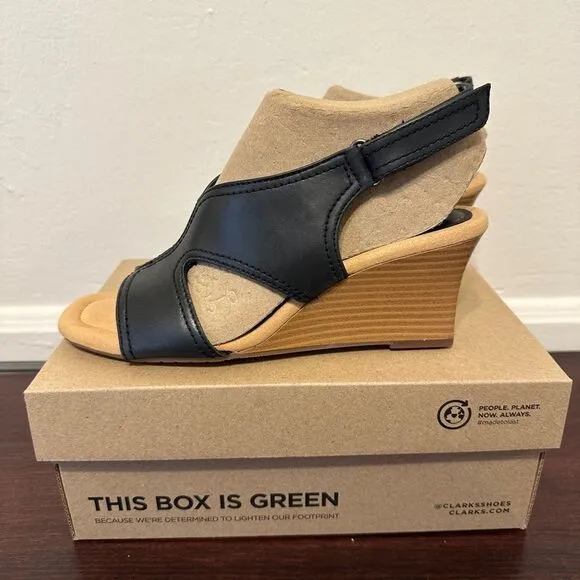 Clarks Black Women's Wedge leather Sandals in black size 7, brand new