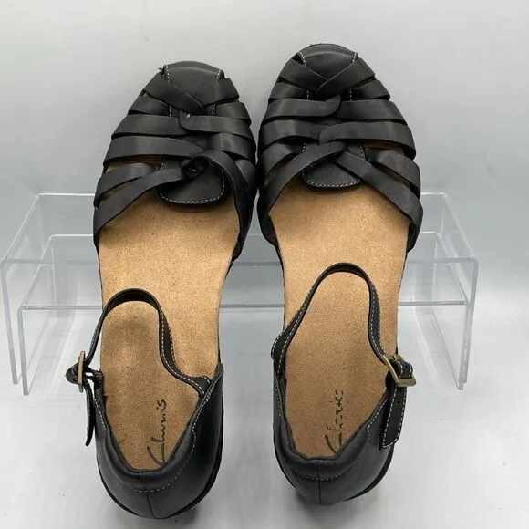 Clark’s Women’s Size 11 M Woven Closed-Toe Leather Sandal Ankle Strap Low Wedge