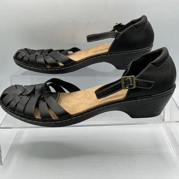 Clark’s Women’s Size 11 M Woven Closed-Toe Leather Sandal Ankle Strap Low Wedge