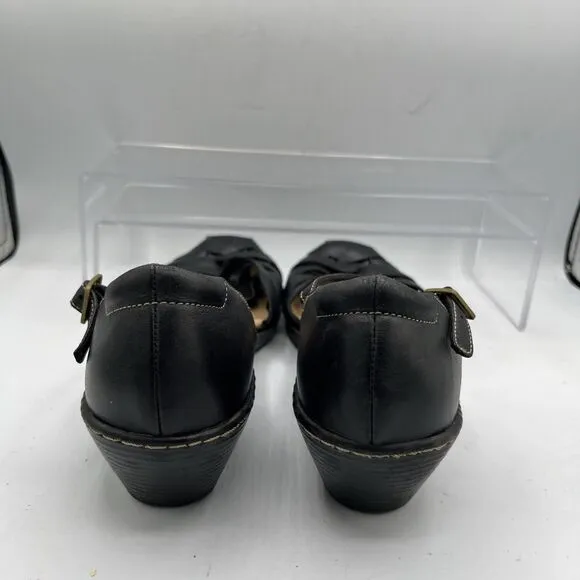 Clark’s Women’s Size 11 M Woven Closed-Toe Leather Sandal Ankle Strap Low Wedge