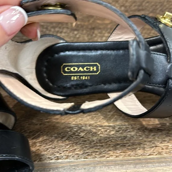 COACH OLETA VACHETTA BLACK LEATHER TURNLOCK ANKLE SANDALS  SIZE 7.5