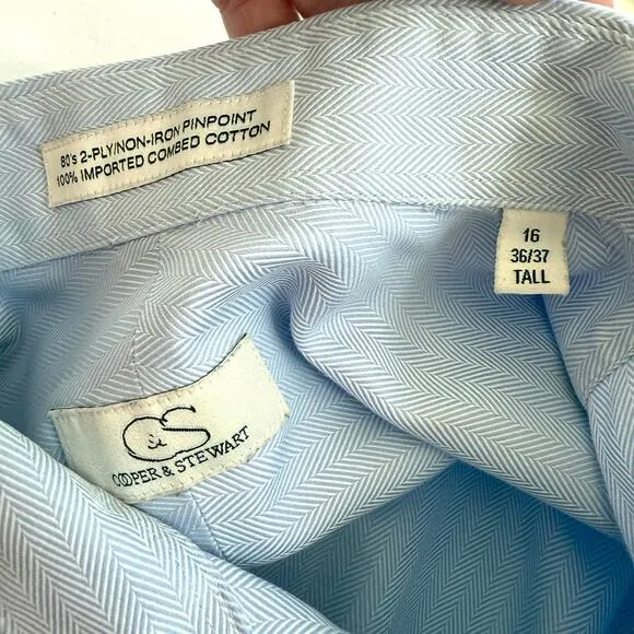 COOPER &amp; STEWART Dress Shirt Light Blue Herringbone Cotton Cufflink Cuffs XL