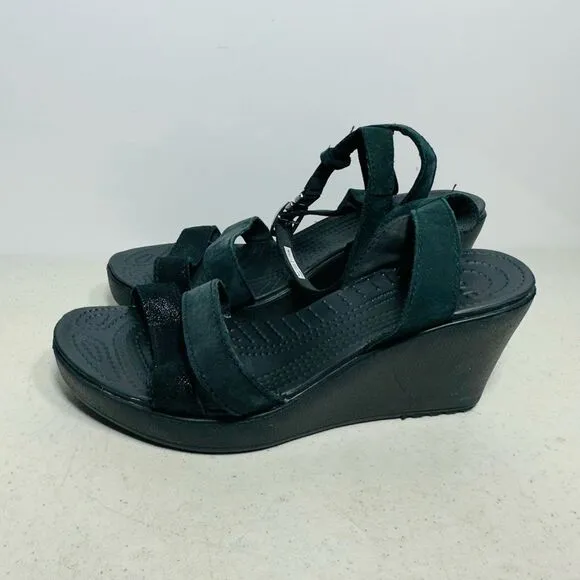 Crocs Leigh II Strap Ankle Wedge Heel Comfort Sandals Black Buckle Women 10