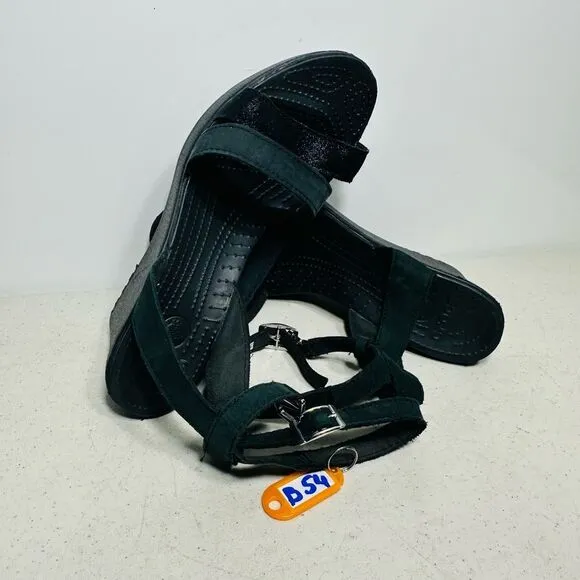 Crocs Leigh II Strap Ankle Wedge Heel Comfort Sandals Black Buckle Women 10