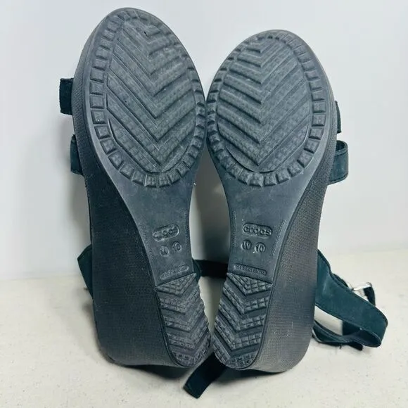 Crocs Leigh II Strap Ankle Wedge Heel Comfort Sandals Black Buckle Women 10