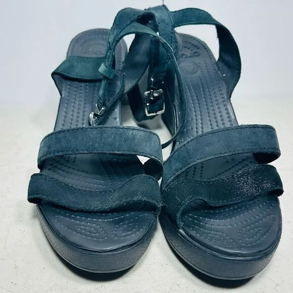 Crocs Leigh II Strap Ankle Wedge Heel Comfort Sandals Black Buckle Women 10