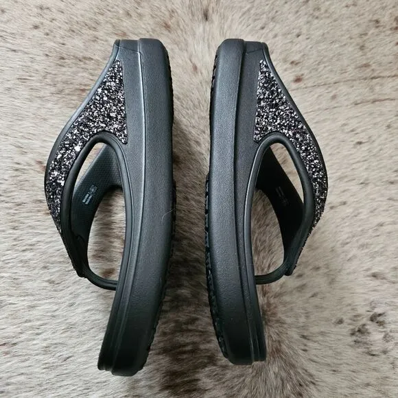 Crocs Sloane Glitter Women's Wedge Flip Flops Sandals Black Size 8 NEW