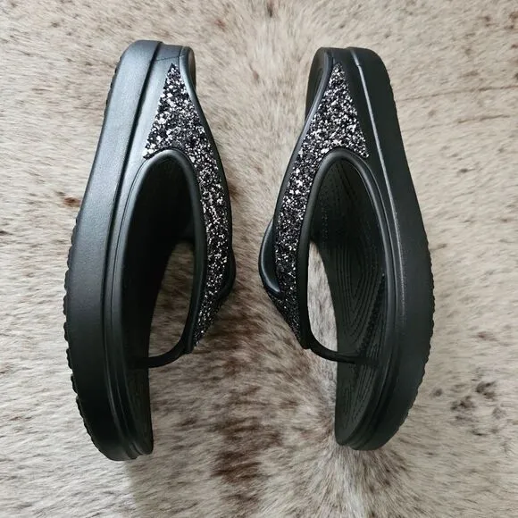 Crocs Sloane Glitter Women's Wedge Flip Flops Sandals Black Size 8 NEW