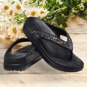 Crocs Sloane Glitter Women's Wedge Flip Flops Sandals Black Size 8 NEW