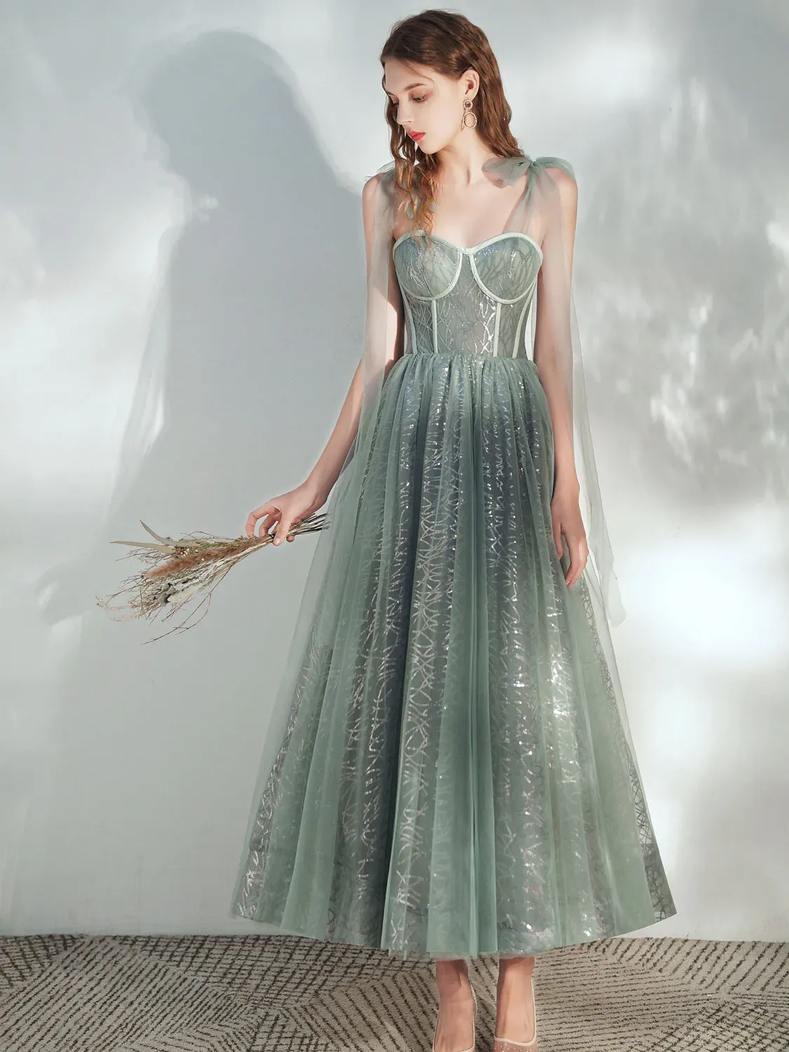 Cute Green Tulle Sweetheart Tea Length Prom Dress, Green Teen Length Homecoming Dress